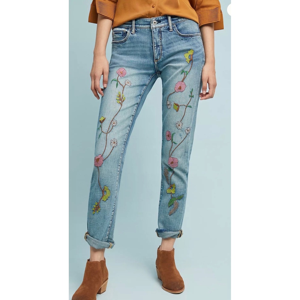 Pilcro and the Letterpress Slim Boyfriend Floral Embroidered Jeans Blue Size 31